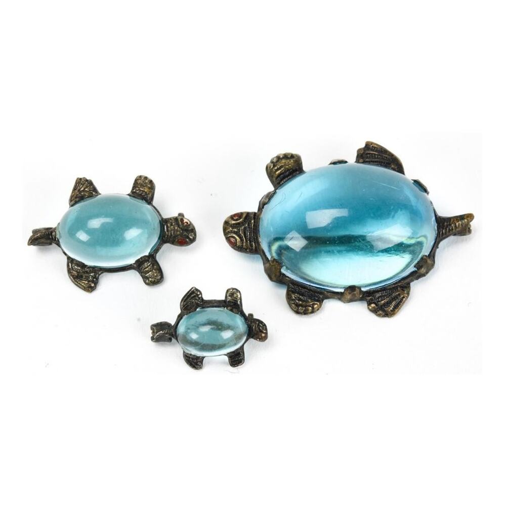 Vintage Turtles Aqua Blue Lucite Jelly Belly Cabochon Pins Brooch C- Clasp Lot